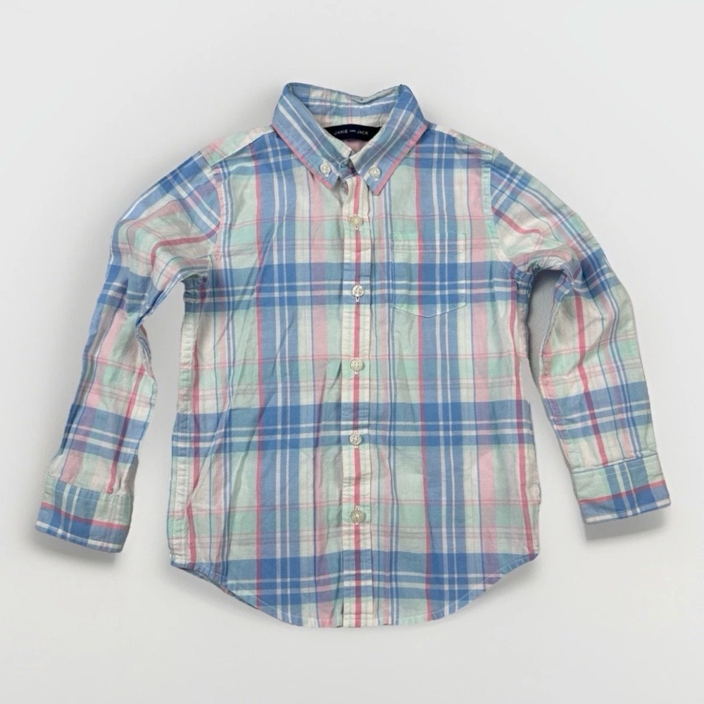 Janie and Jack Shirt Boys 4 Button Up Blue Plaid Long Sleeves Button Collar